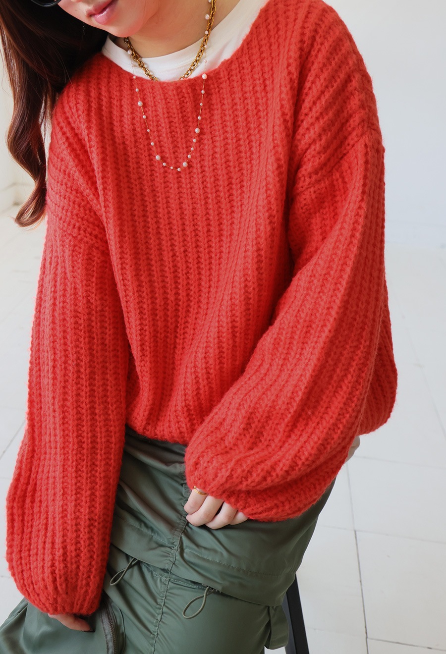 リブ編み ニットトップス レディース 長袖 無地 送料無料・メール便