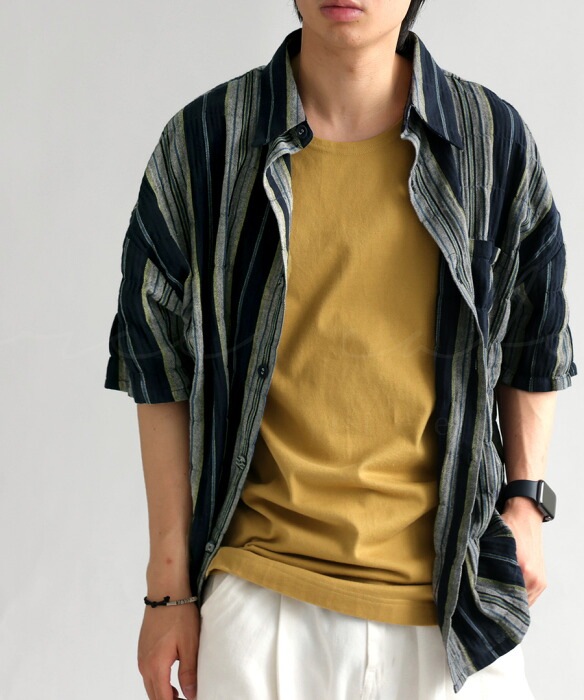 シャツ メンズ トップス 長袖 ストライプ柄 綿100 送料無料・再再販