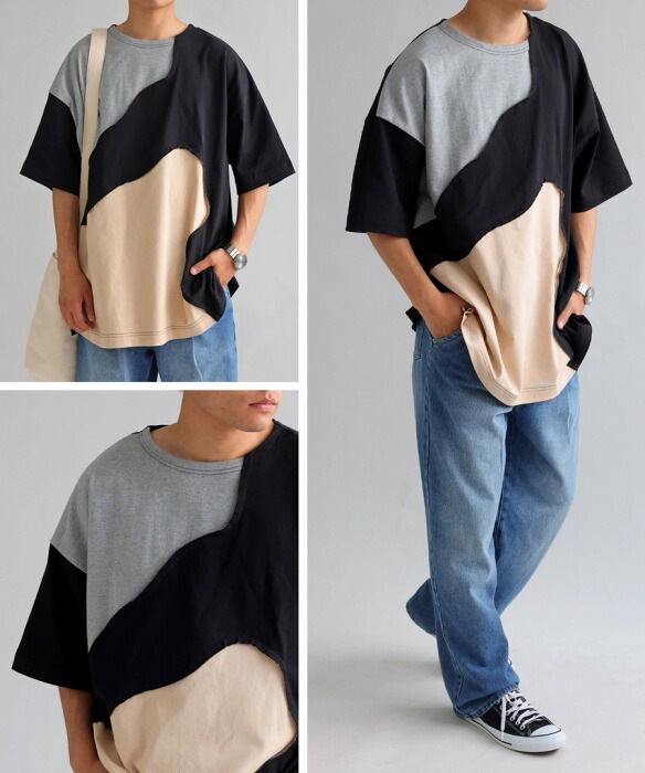 Tシャツ メンズ トップス 半袖 綿100 無地 配色 切り替え・再販。(100