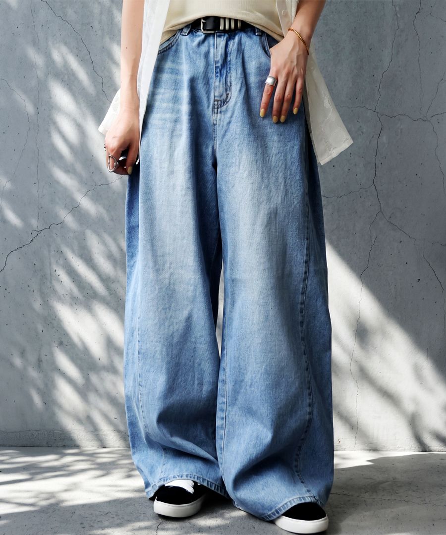 一歩先のワイドデニム。デニム レディース ワイドパンツ 綿100 タック