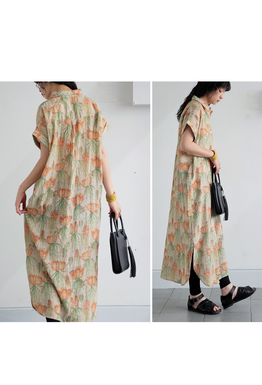 国内配送★セザンヌ 麻＆オーガニック綿 花柄 シャツワンピース 花柄シャツワンピース 綿100 インド綿 レディース 羽織り 送料