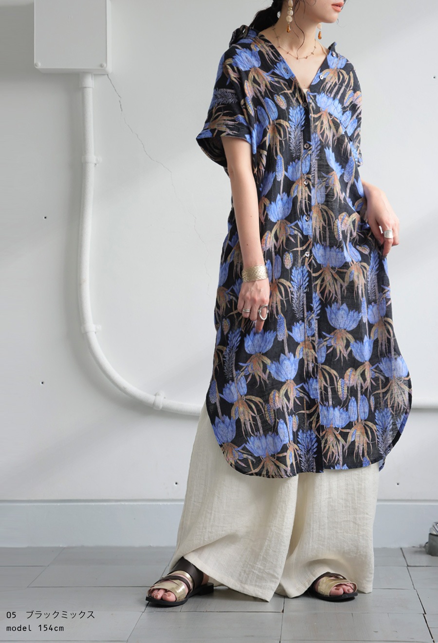花柄シャツワンピース 綿100 インド綿 レディース 羽織り 送料