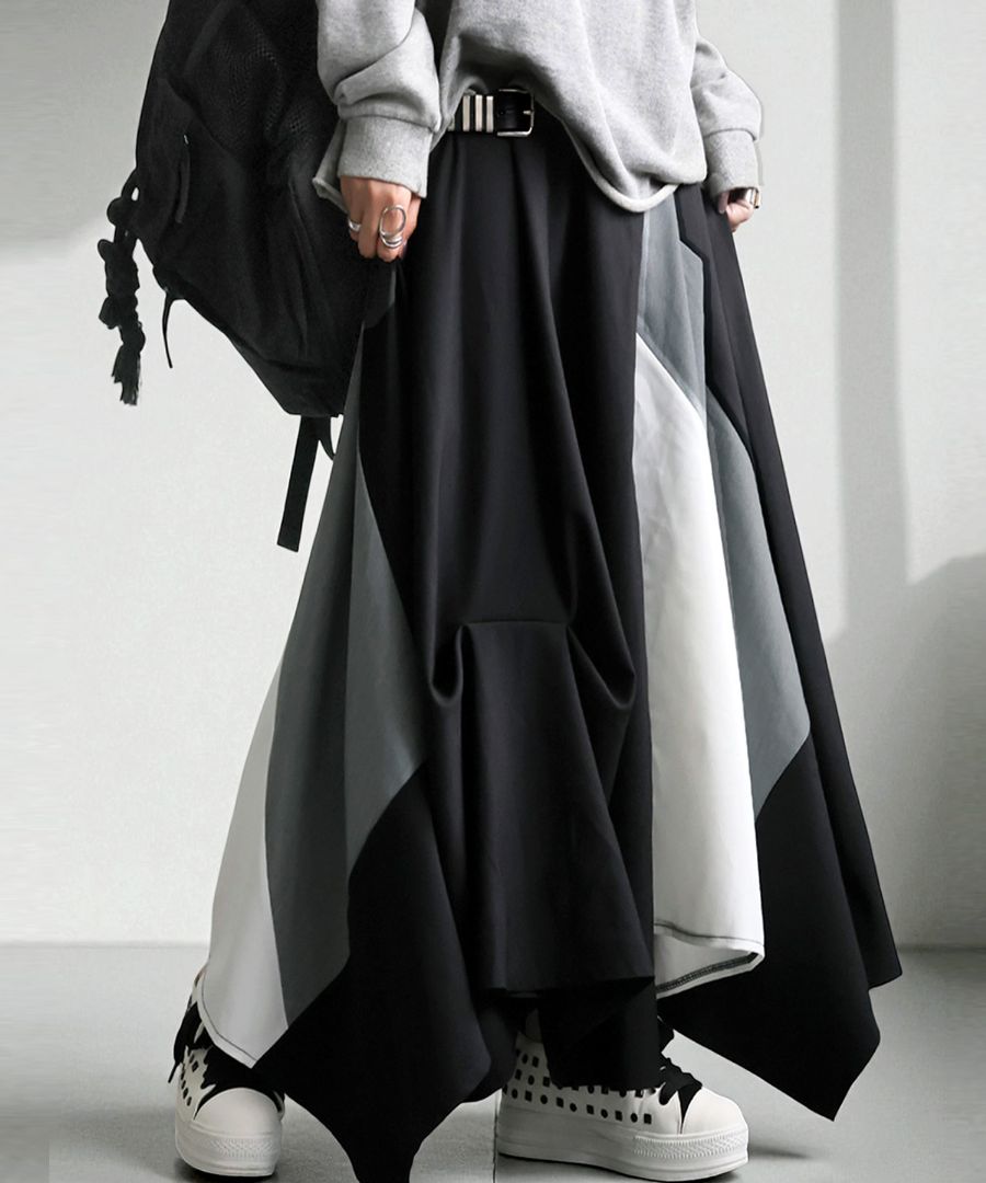切替 配色 アシンメトリー ロングスカート レディース 送料無料