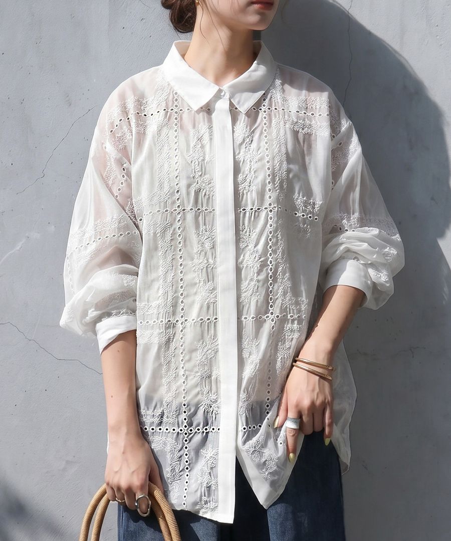 INSCRIRE 24SS レース刺繍 シアーシャツ 36 白 定価14.1万 視線を奪う、刺繍美。シアーシャツ レディース 長袖 刺繍レース