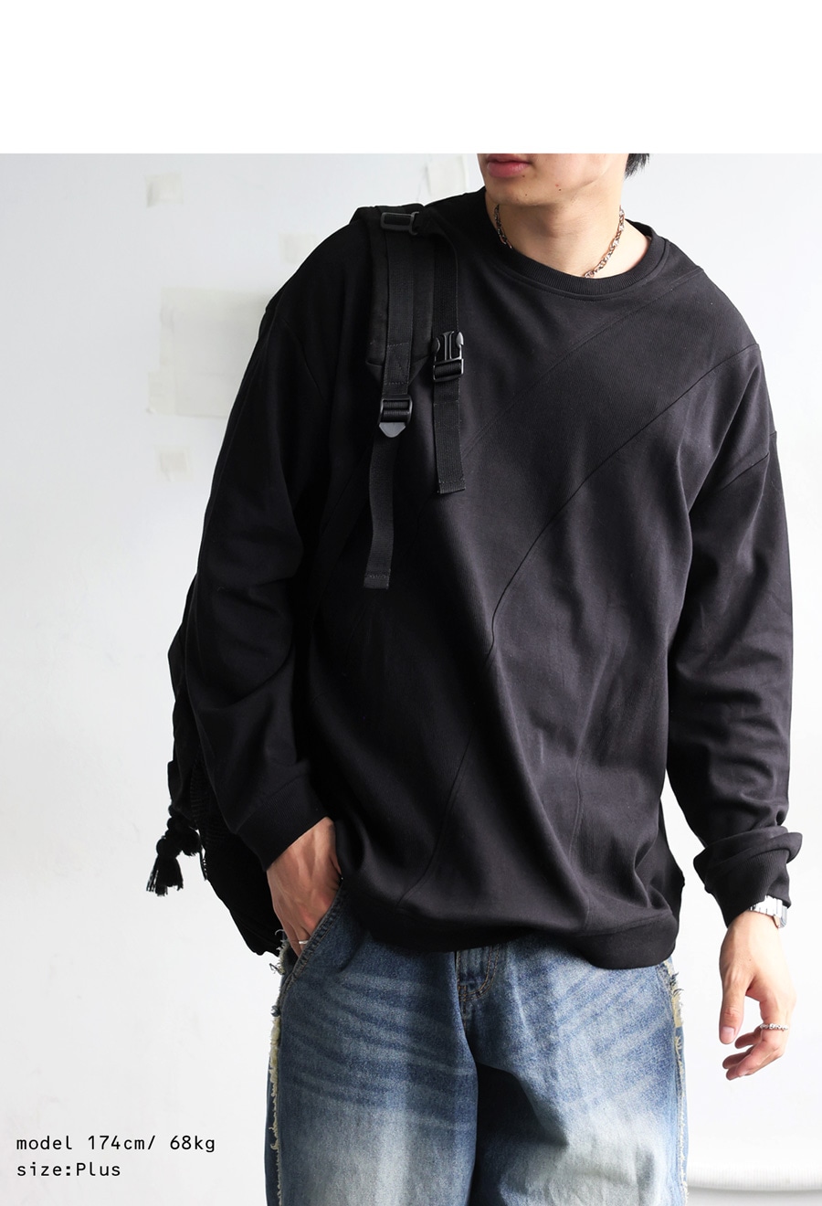 リブ切替 トップス メンズ 長袖 カットソー ロンT 綿100・再入荷 (100