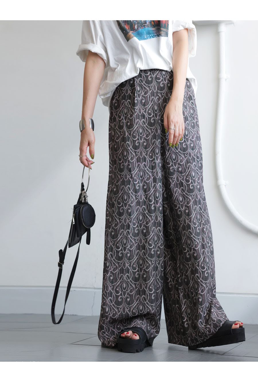 アート柄パンツ レディース ワイドパンツ ボトムス 送料無料