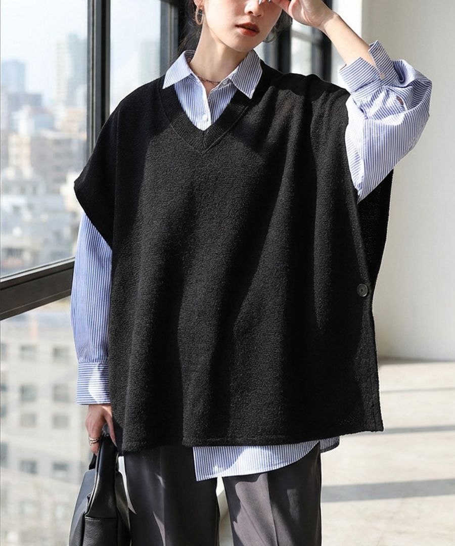 Vネック ベスト レディース トップス ワイド レイヤード・メール便不可