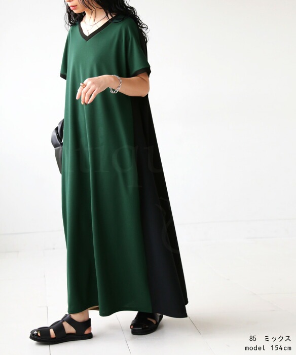 配色ワンピース ワンピース レディース ロング 半袖 送料無料