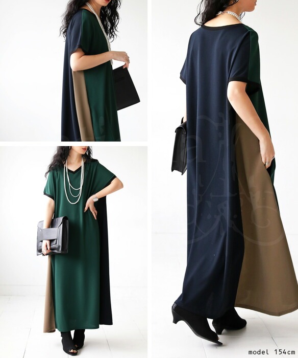 配色ワンピース ワンピース レディース ロング 半袖 送料無料・再再販
