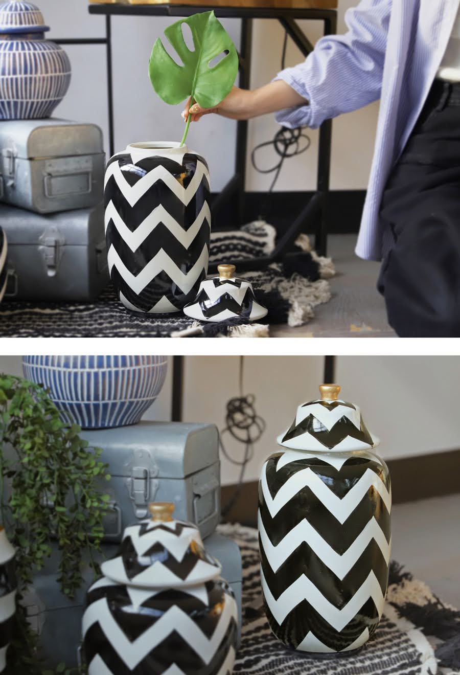 ジグザグ柄 蓋付きジャー 陶器 インテリア雑貨 置物 L 送料無料