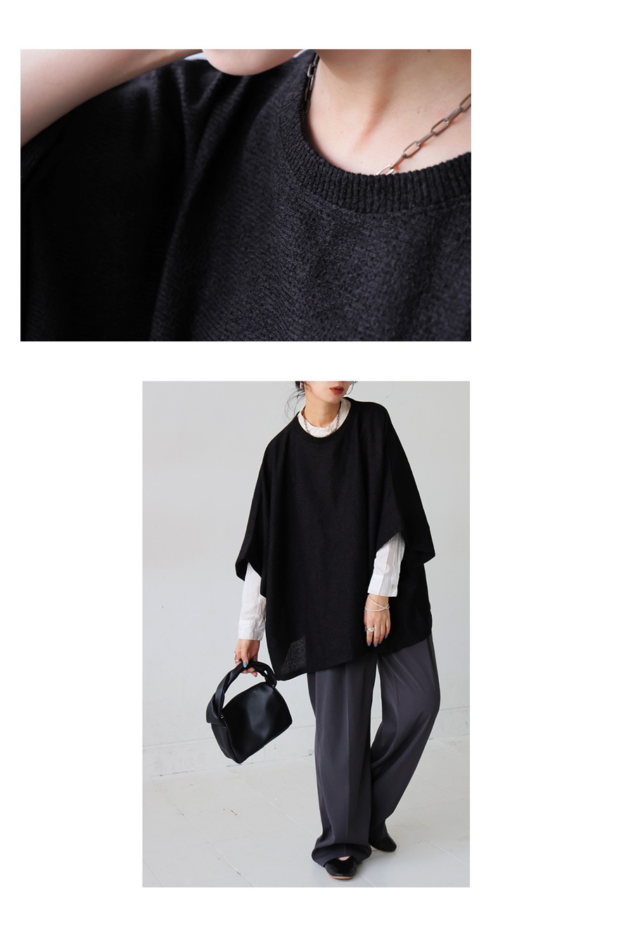 TANGRAM クルーネックト　抽選販売品　M ブラック ドルマントップス レディース 五分袖 クルーネック ニット風・メール便