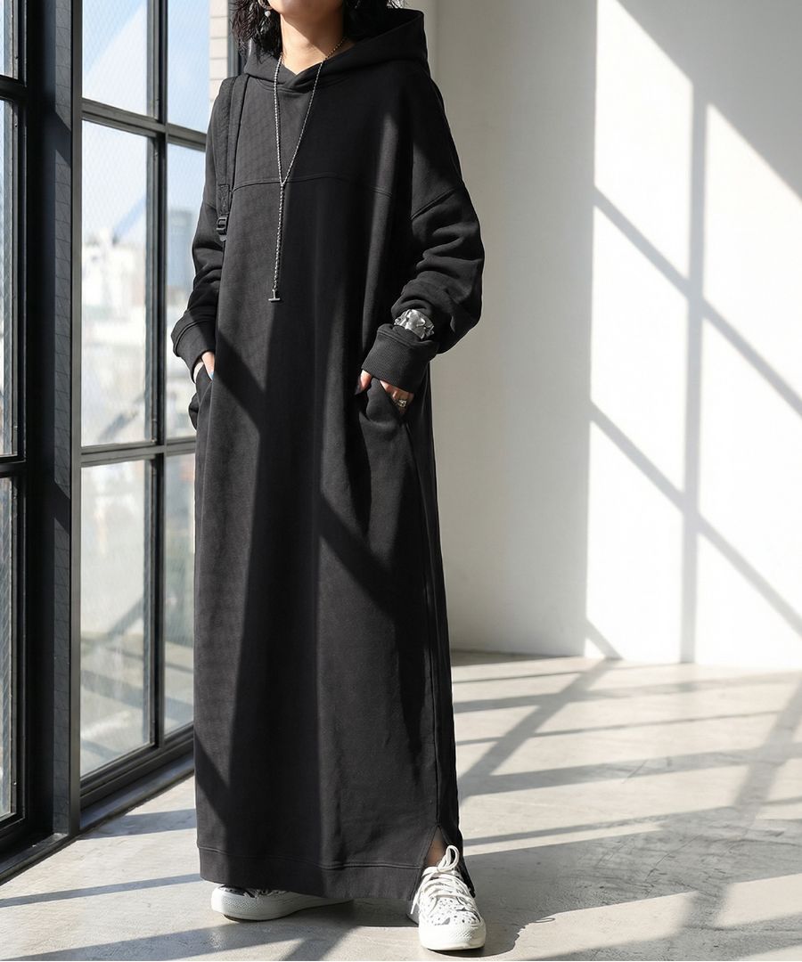 EPOCAフード付きロングワンピース 黒 フード付き ロングワンピース レディース ワンピース 送料無料・メール