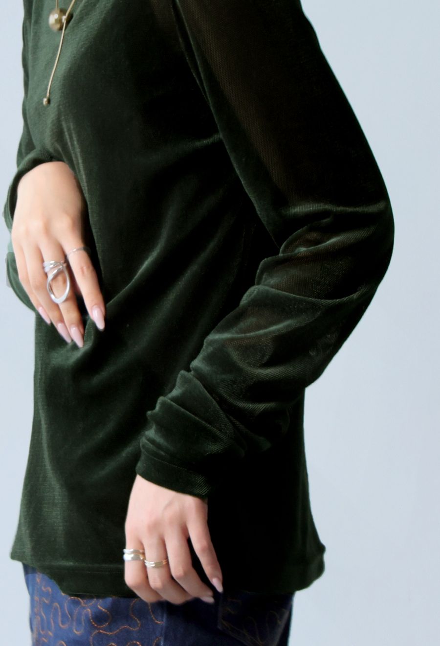 ベルベットシアーギャザートップス レディース 長袖 送料無料・(100