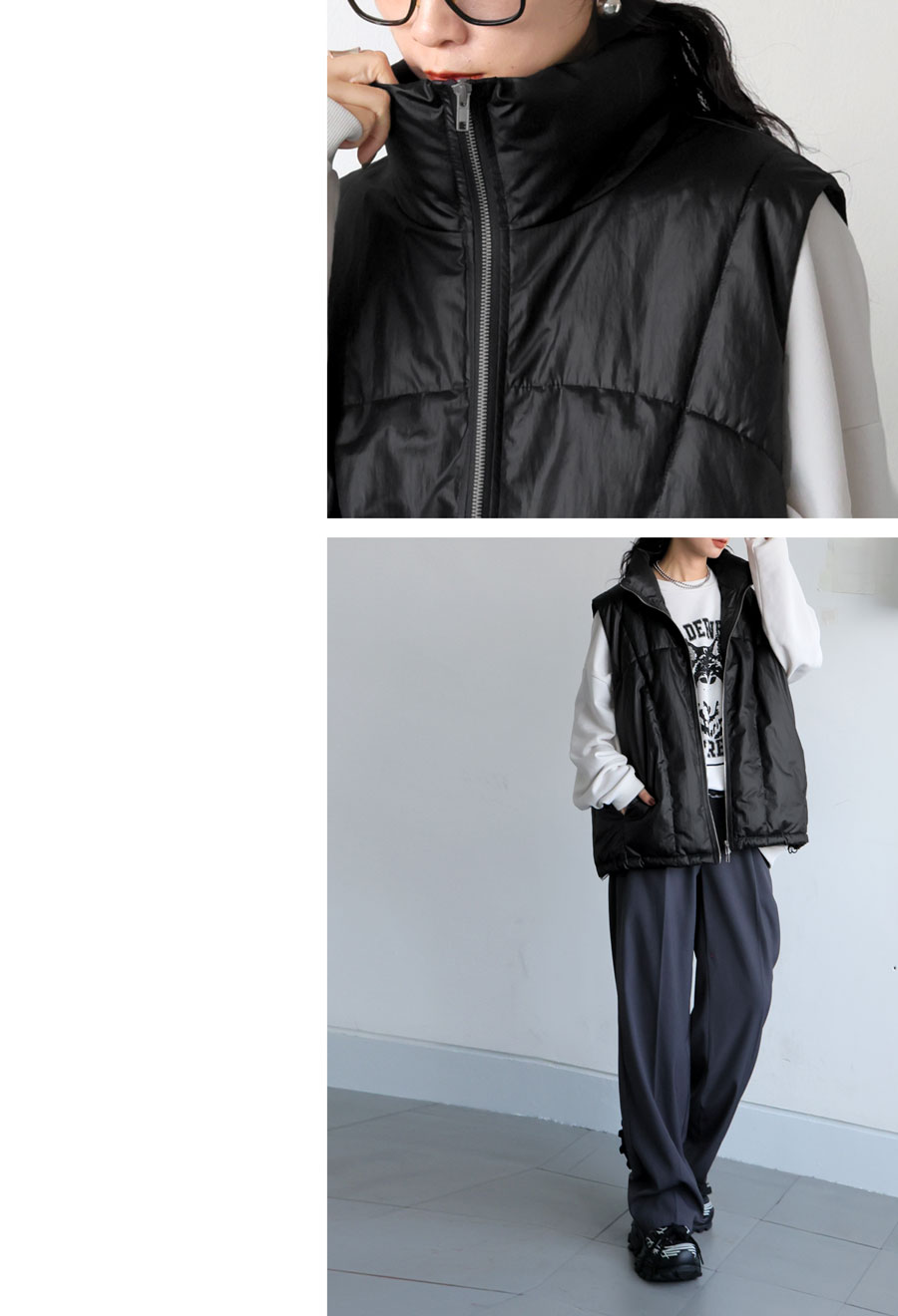 BLACK and White 中綿ベスト　レディースL 中綿ベスト レディース アウター ベスト スタンドネック 送料無料