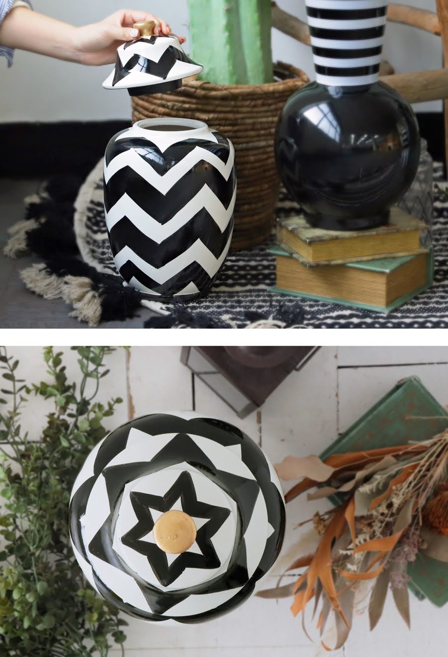 ジグザグ柄 蓋付きジャー 陶器 インテリア雑貨 オブジェ 置物 M