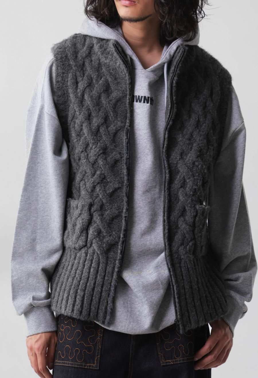 籠編み風ニットベスト ユニセックス ハイネック ベスト 送料無料