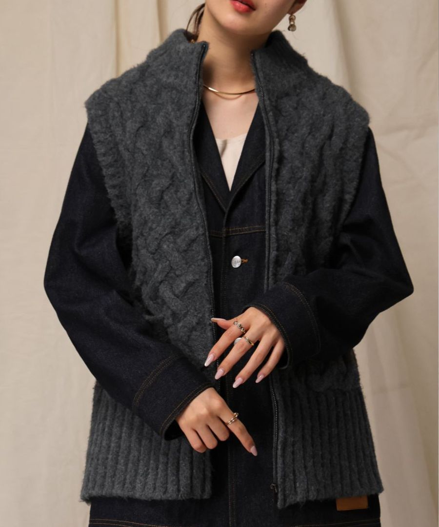 籠編み風ニットベスト ユニセックス ハイネック ベスト 送料無料