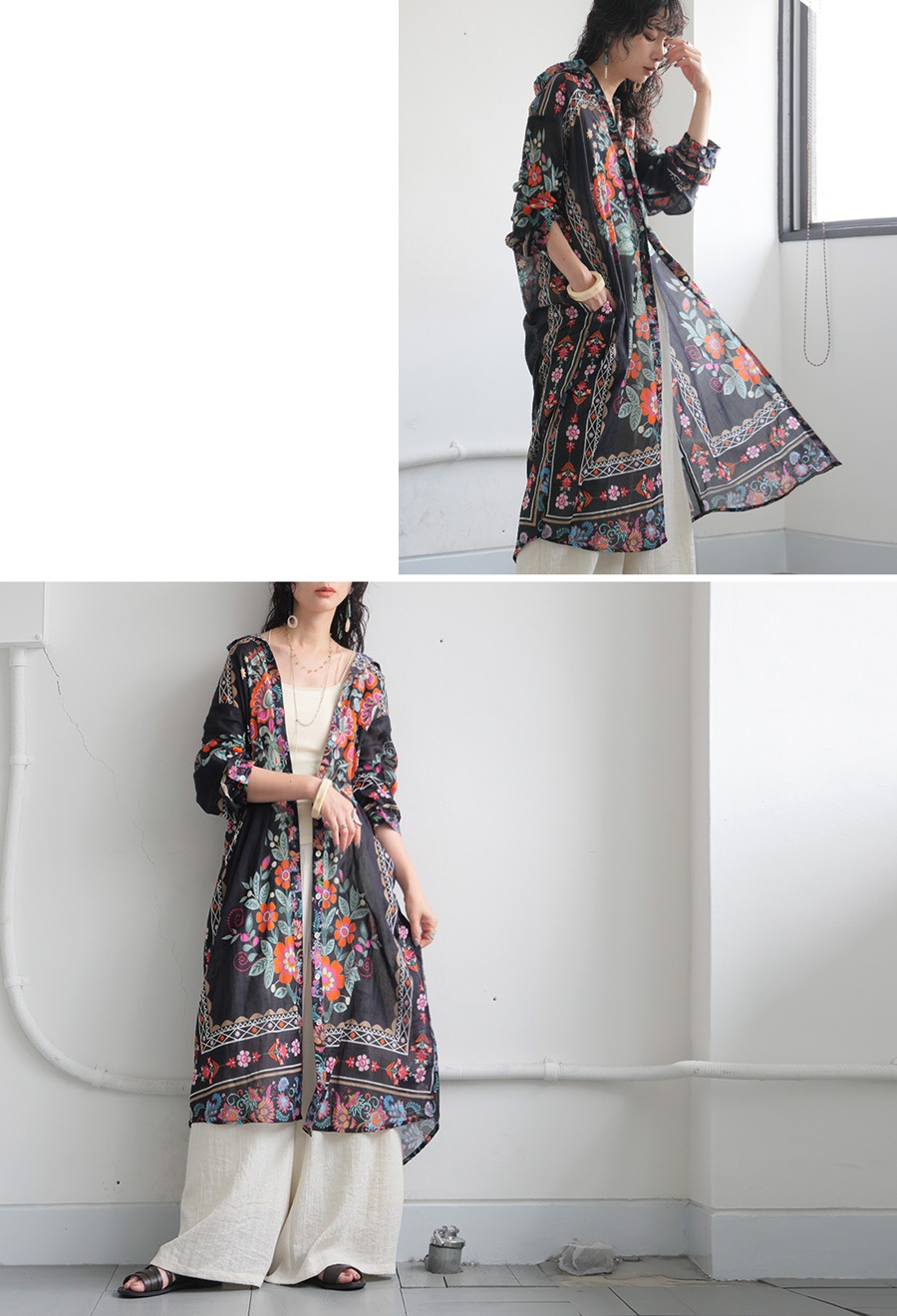 イアパピヨネ◎ロングワンピース シャツワンピース 半袖 花柄 総柄 インド綿 イアパピヨネ◎花柄 ロングワンピース シャツワンピース 半袖 総