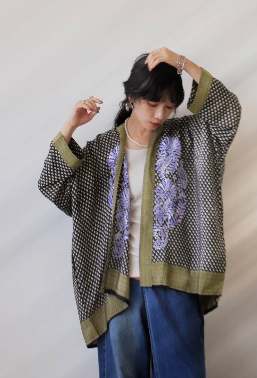 花柄刺繍カーディガン レディース トップス ノーカラー 送料無料