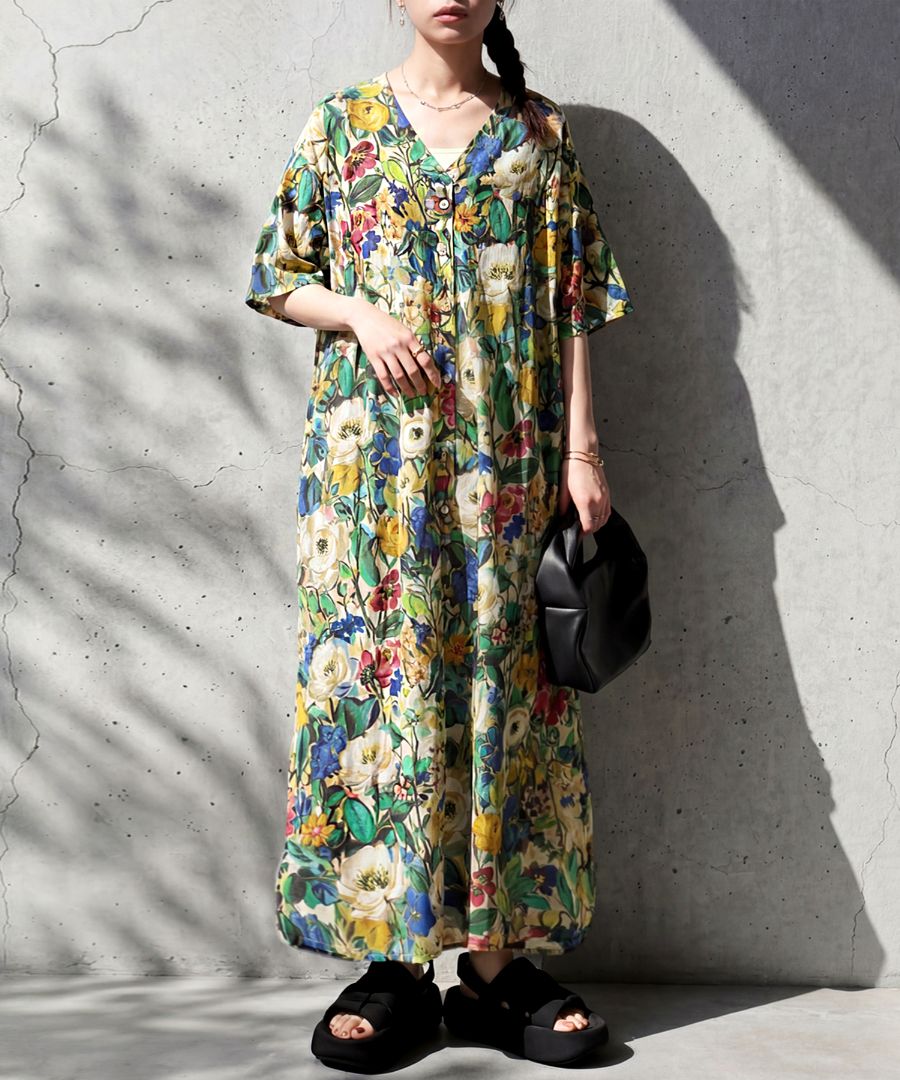 咲き誇るような存在感。花柄 シャツワンピース レディース 半袖 ロング
