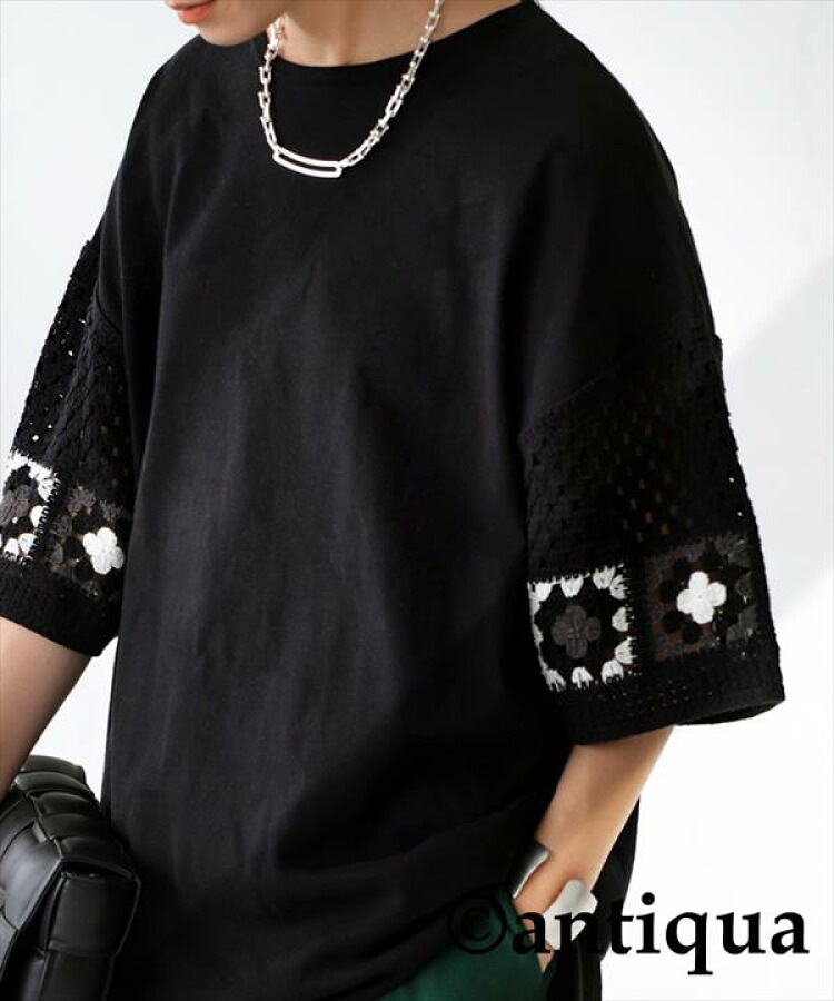 透かし編み デザインスリーブトップス レディース Tシャツ・再