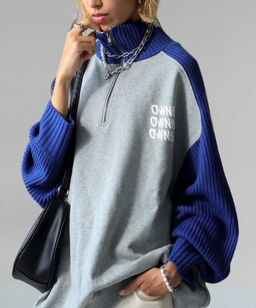 ハーフジップ ニット切替 プルオーバー ユニセックス 送料無料・メール