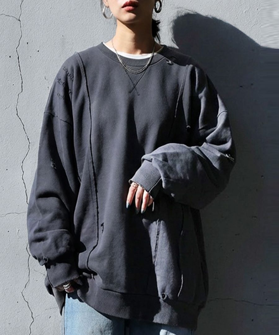 ダメージ加工 スウェット レディース トレーナー 送料無料・メール便