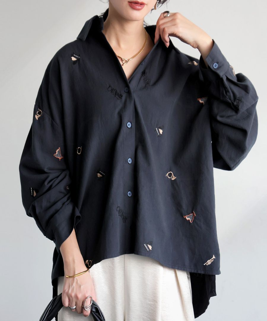 刺繍 楽器柄 シャツ レディース 長袖 トップス 送料無料・(100)メール
