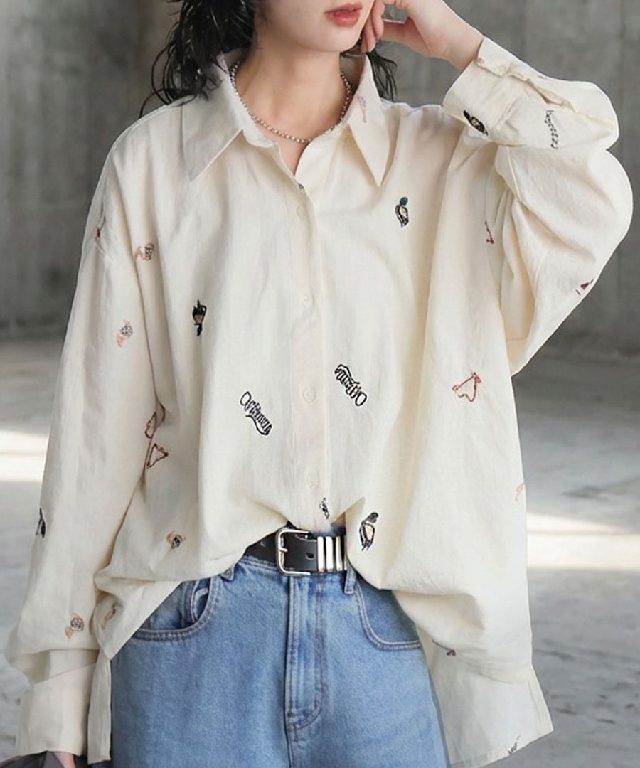 刺繍 楽器柄 シャツ レディース 長袖 トップス 送料無料・(100)メール