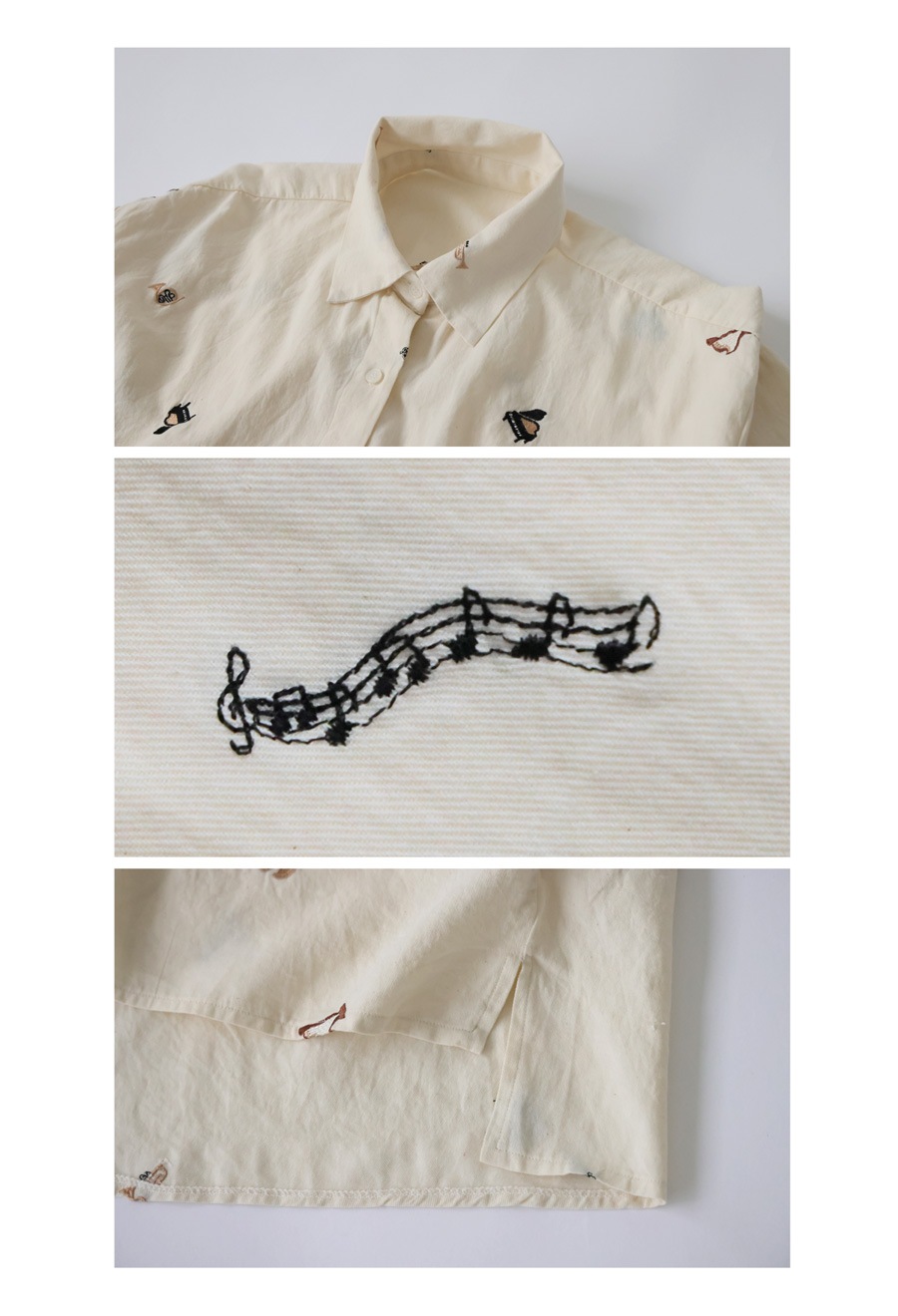 刺繍 楽器柄 シャツ レディース 長袖 トップス 送料無料・(100)メール