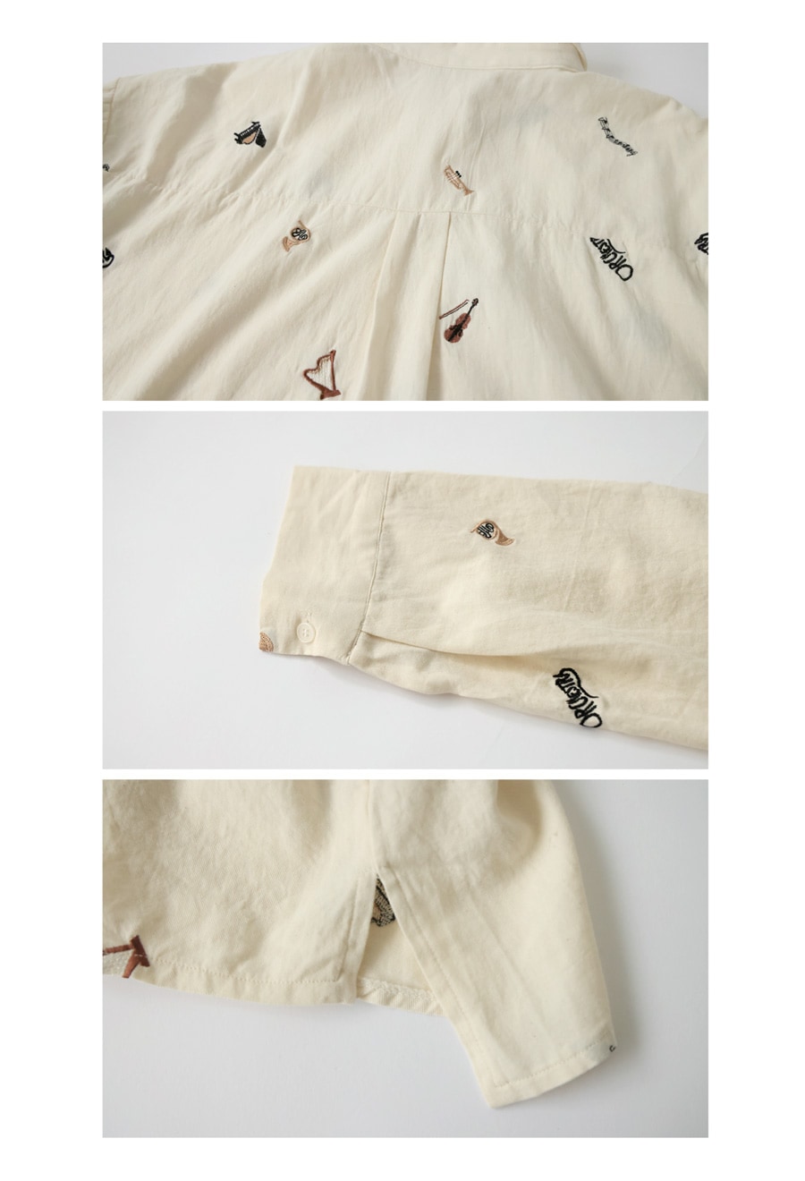 刺繍 楽器柄 シャツ レディース 長袖 トップス 送料無料・(100)メール