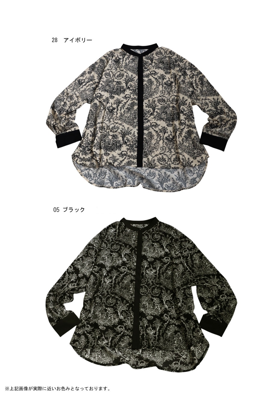 トワルドジュイ柄 シャツ レディース 長袖 バンドカラー・(100)メール