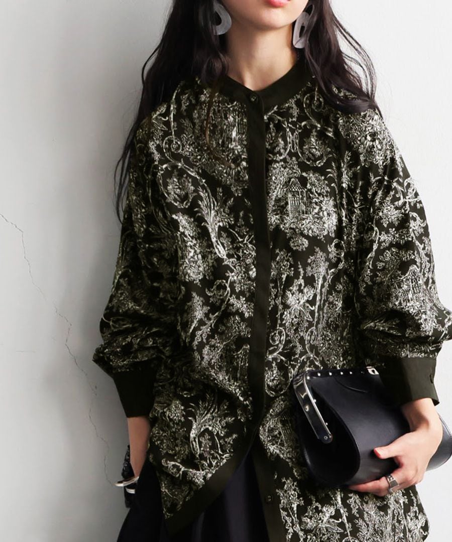 トワルドジュイ柄 シャツ レディース 長袖 バンドカラー・(100)メール