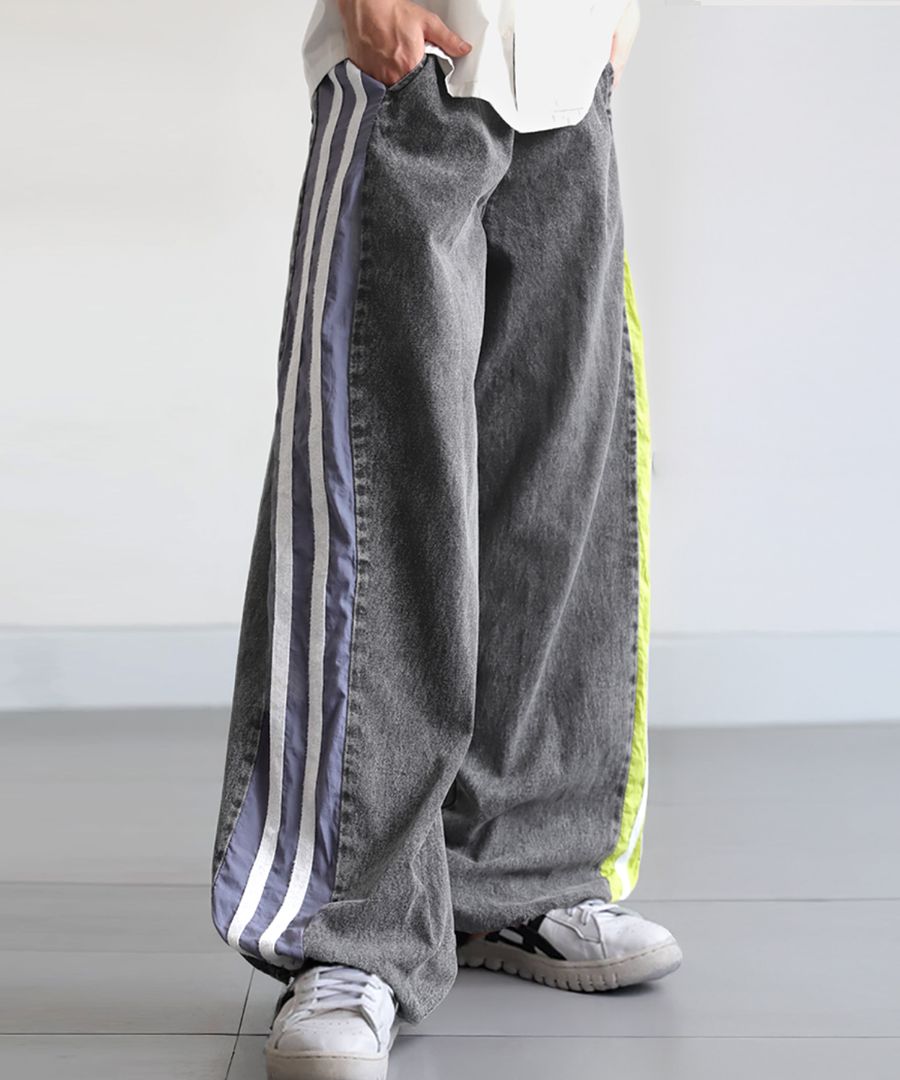 【THEAIRTOWN】ライン配色 ワイド デニム パンツ◆ 配色ラインデニムパンツ メンズ ワイド 切替デザイン 送料無料