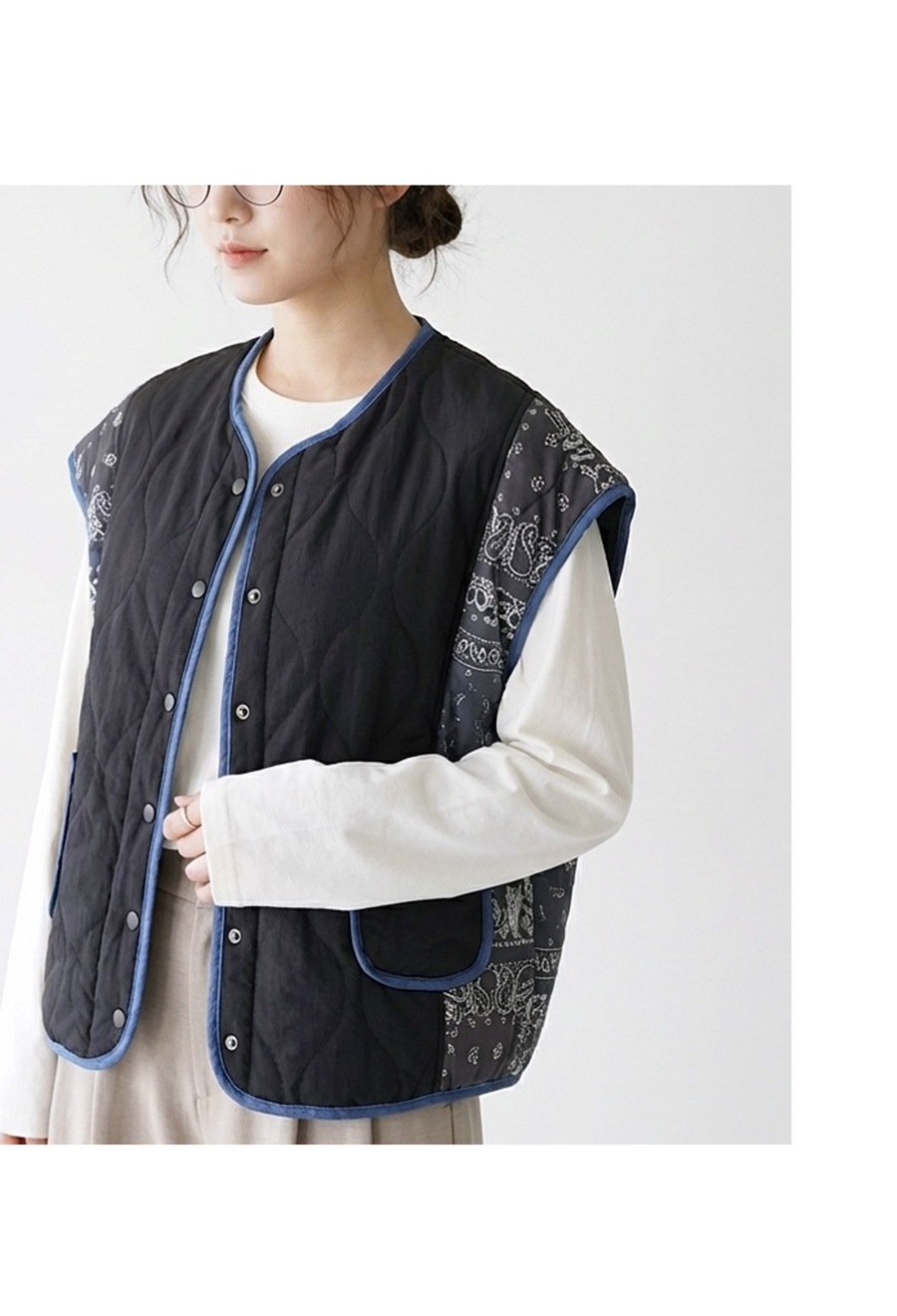 切替デザイン 中綿ベスト レディース 前開き ボタン 送料無料・メール
