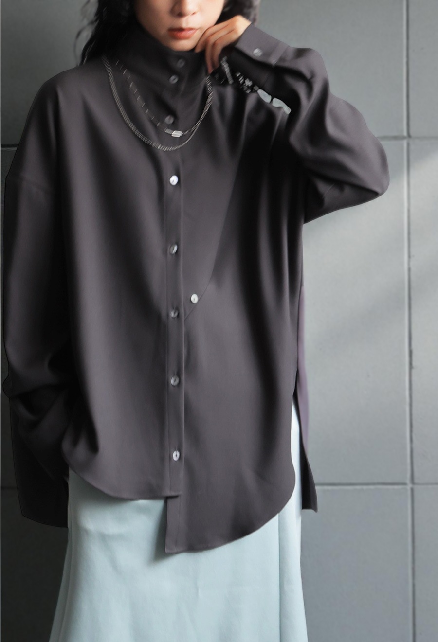 アシメ スタンドカラーシャツ レディース トップス 送料無料・8