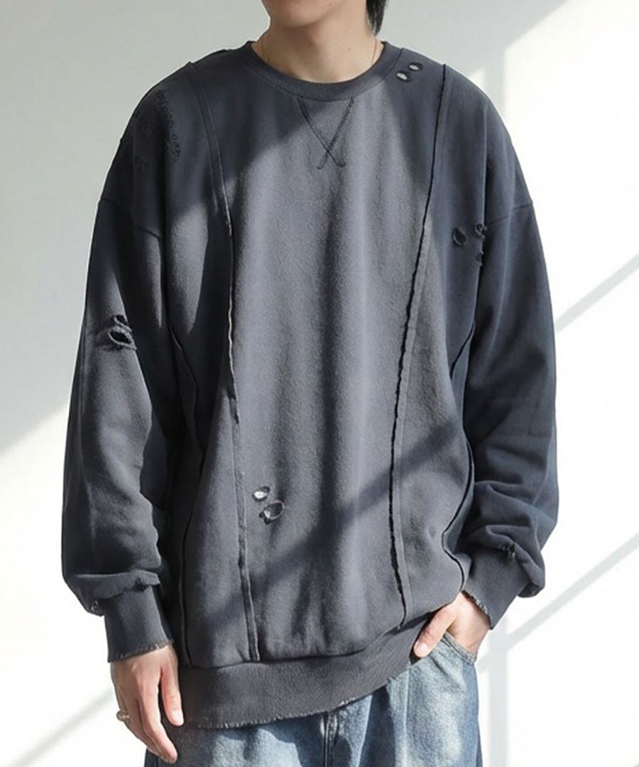 ダメージ加工 スウェット メンズ トレーナー 送料無料・メール便不可