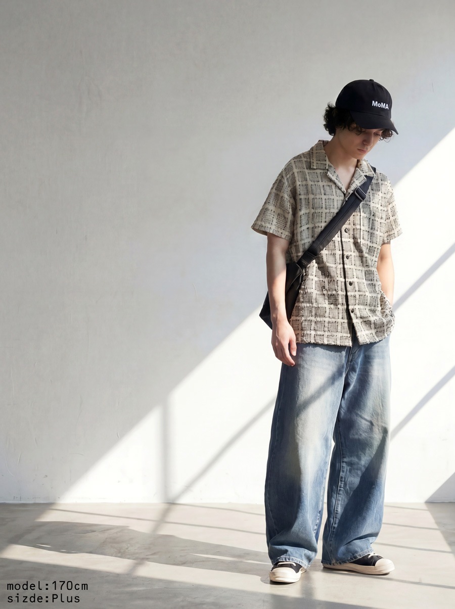 柄に、立体感を。シャツ メンズ 半袖 オープンカラー 千鳥チェック