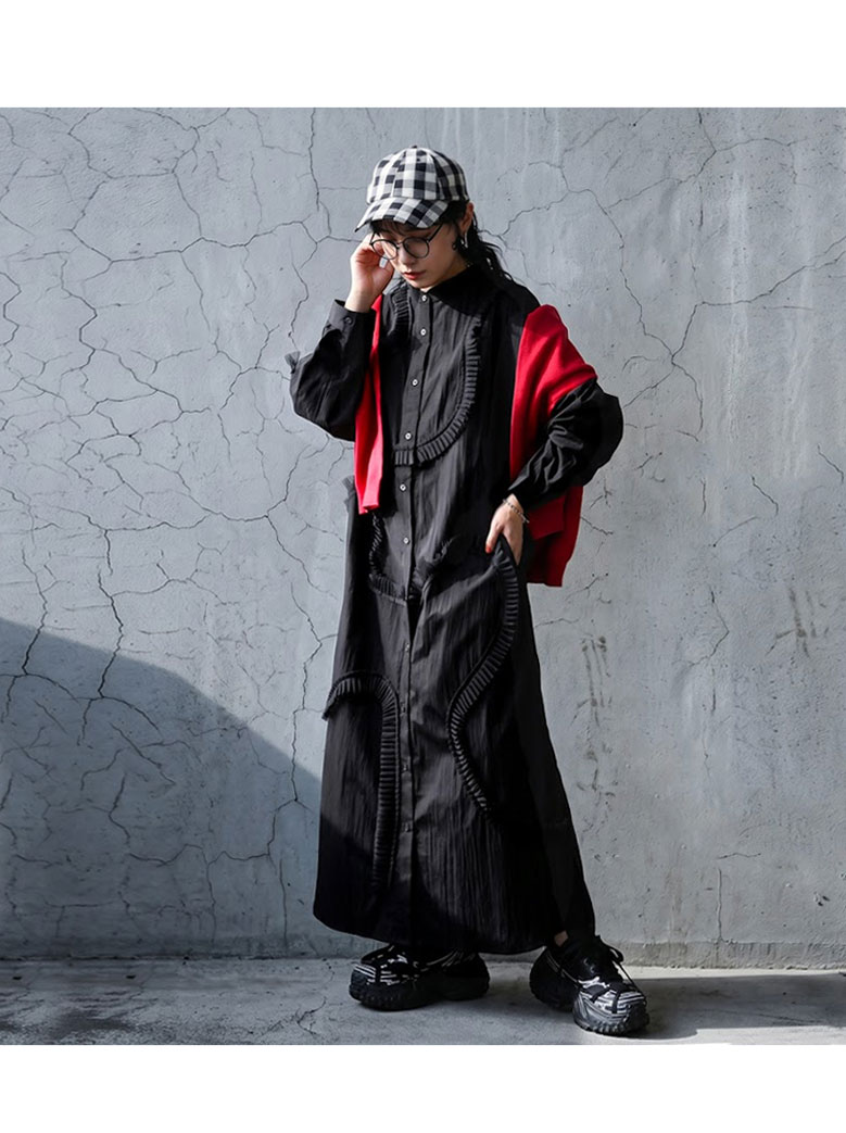 KAPTALブラック フリル ロングシャツワンピース フリルでモードに着痩せ。シャツワンピース レディース 長袖 バンド
