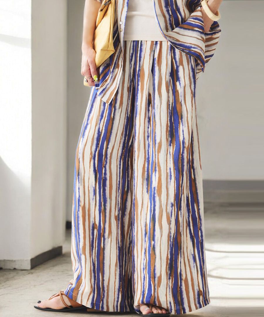 水彩アート柄 ワイドパンツ レディース リラックス 送料無料・メール便