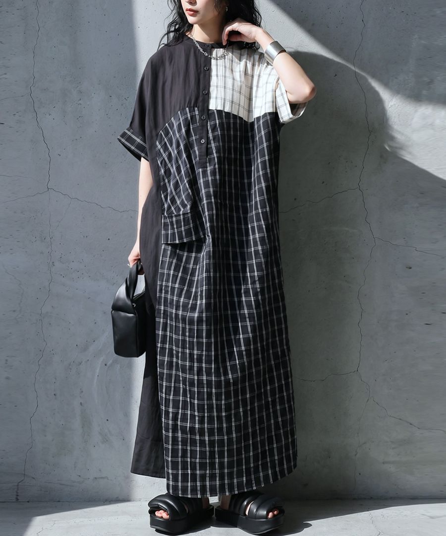 A'n MILLE チェック柄 半袖ワンピース アンバランスが、美しい。異素材切替 ワンピース レディース チェック