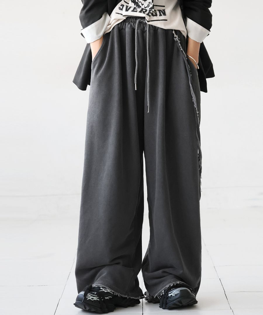 切りっぱなし ワイドパンツ レディース ロング 無地 ・メール便不可