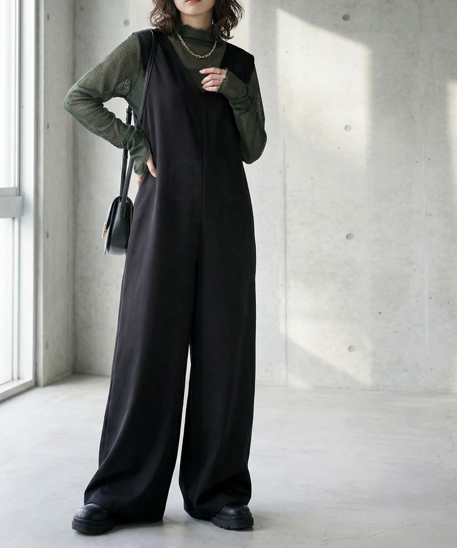 オールインワン レディース Vネック ワイドパンツ 送料無料・メール便