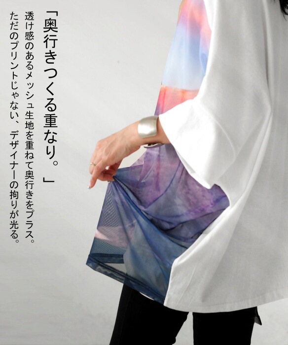 Tシャツ レディース トップス 半袖 山 柄 柄トップス 送料無料・(100