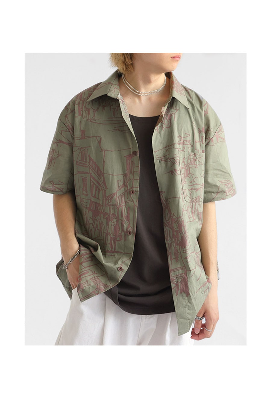 アート柄シャツ シャツ メンズ トップス 半袖 柄 綿100 送料無料・(50