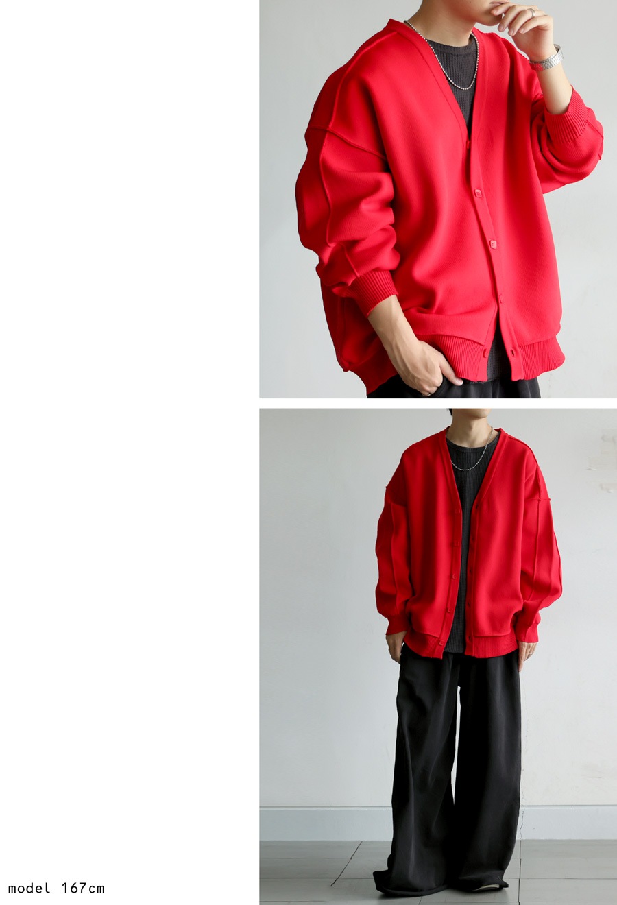 赤色 長袖カーディガン カーディガン 長袖 ケーブル編み ラウンドネック 細見え ニット