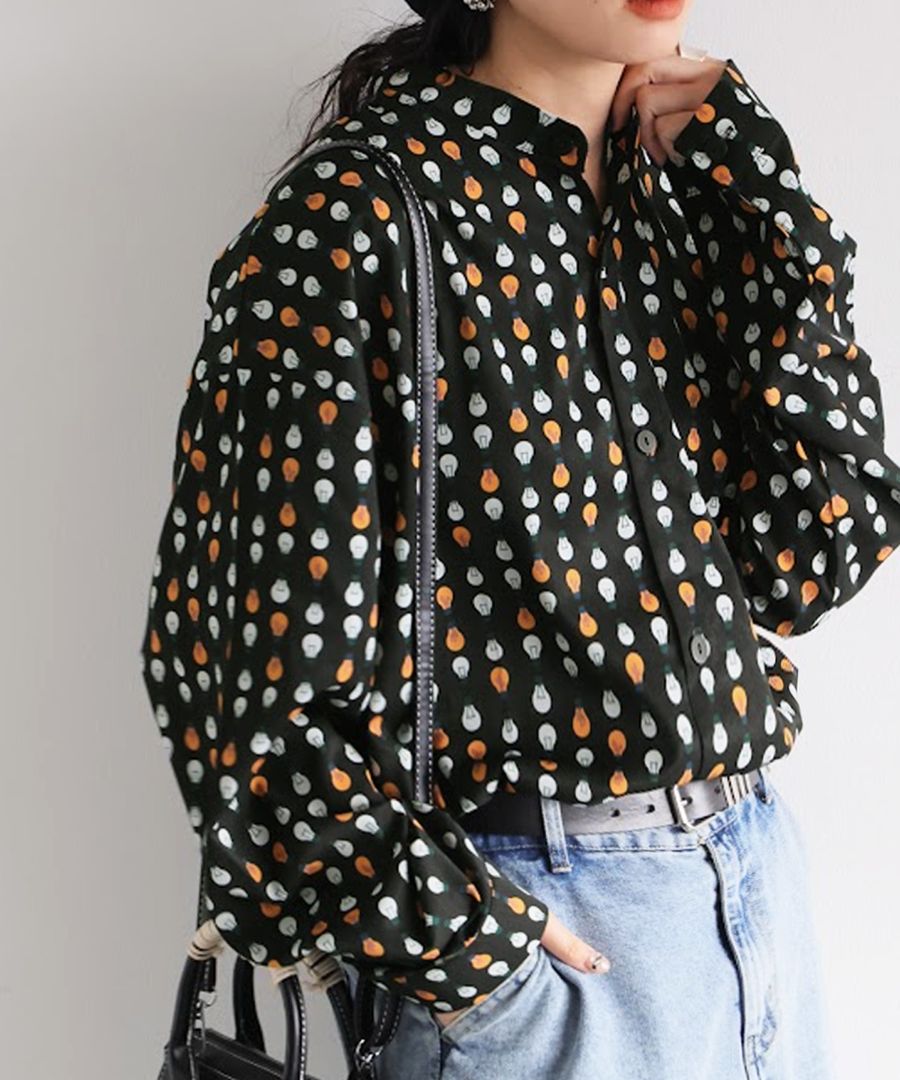 電球柄 シャツ 総柄 レディース 長袖 トップス 送料無料・(80