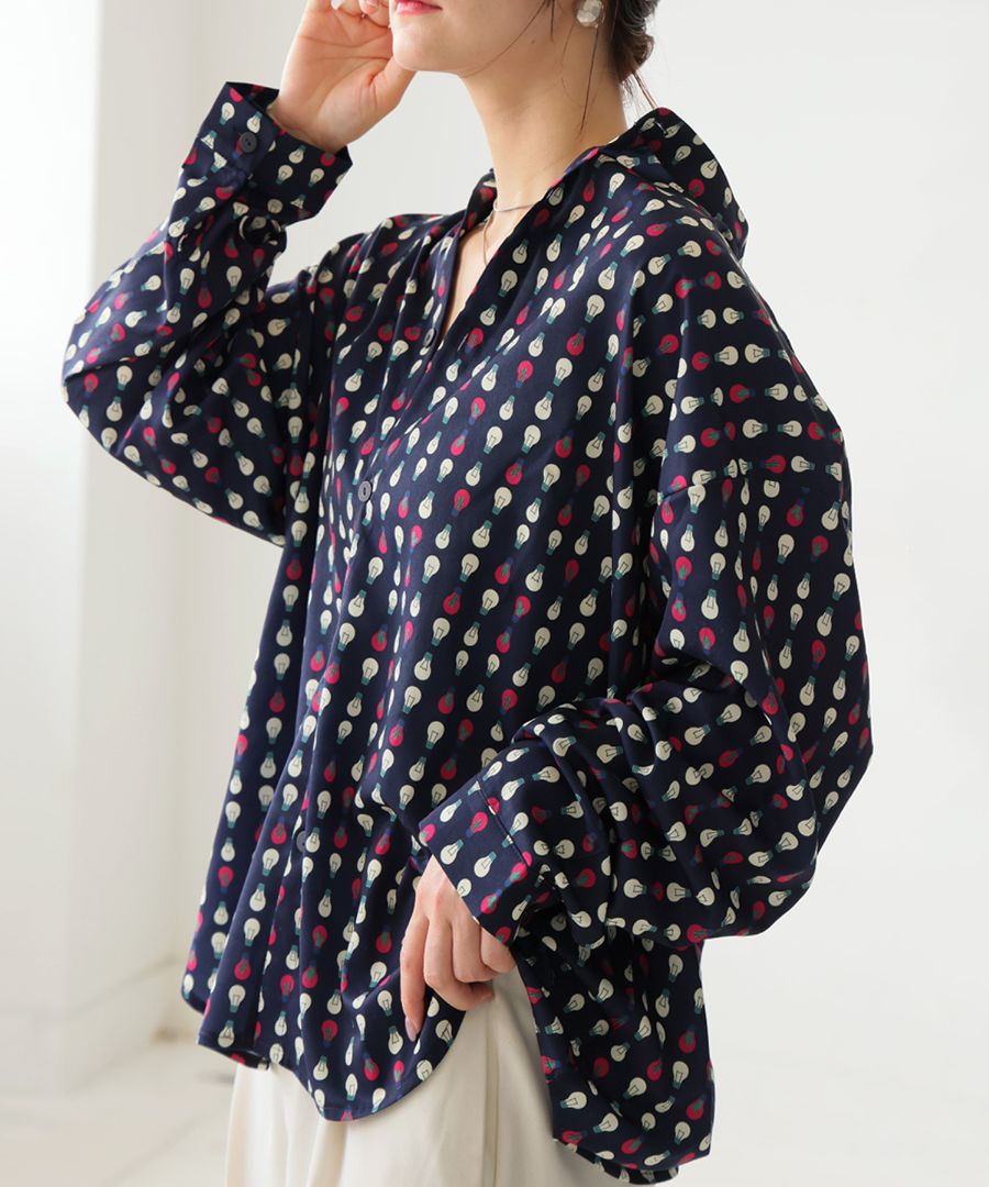 電球柄 シャツ 総柄 レディース 長袖 トップス 送料無料・(80