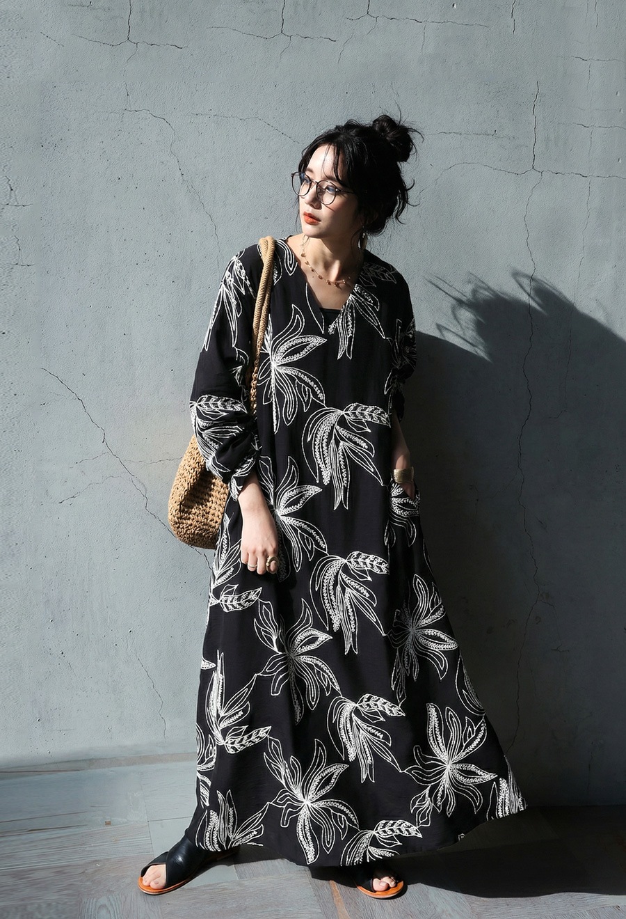 ボタニカル柄 ワンピース ロング レディース 刺繍 送料無料・メール便
