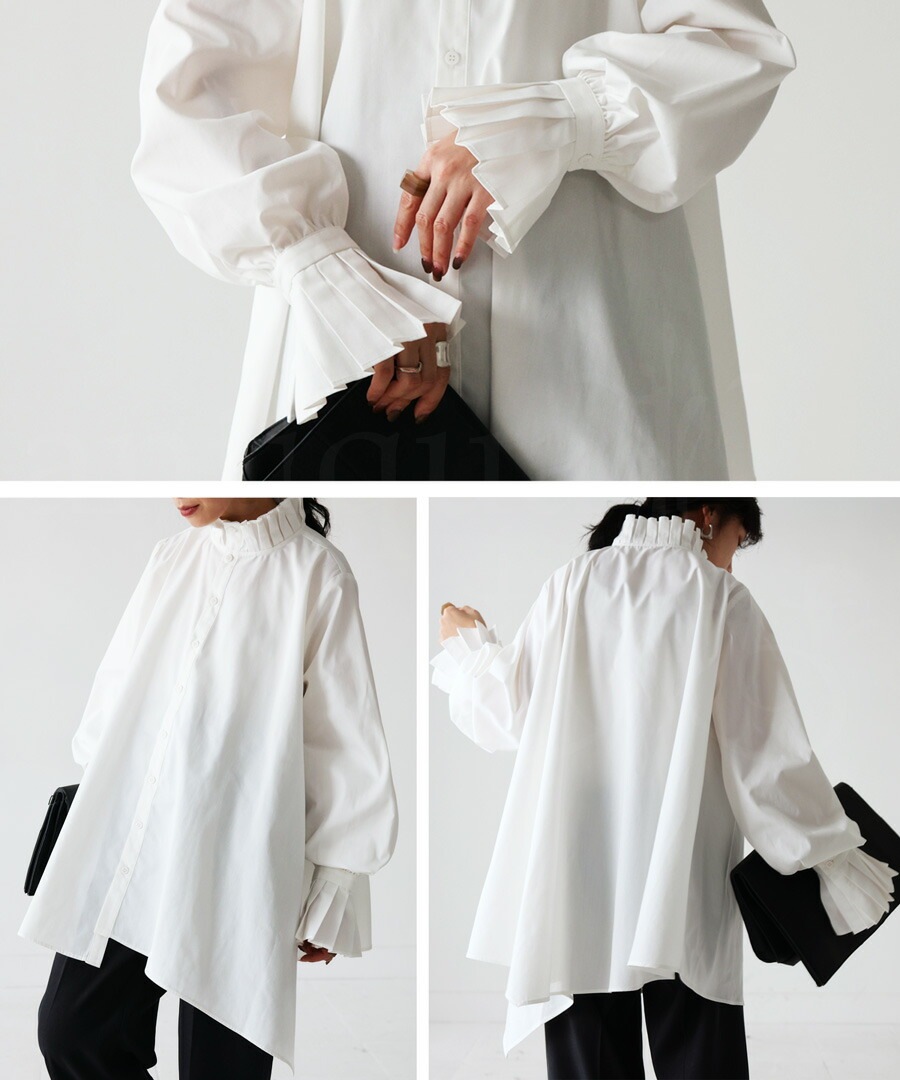 美品✨プリーツプリーズ　大きいサイズ　XL 長袖　ハイネック　シャツブラウス　白 プリーツハイネックシャツ ブラウス レディース 送料無料・再販